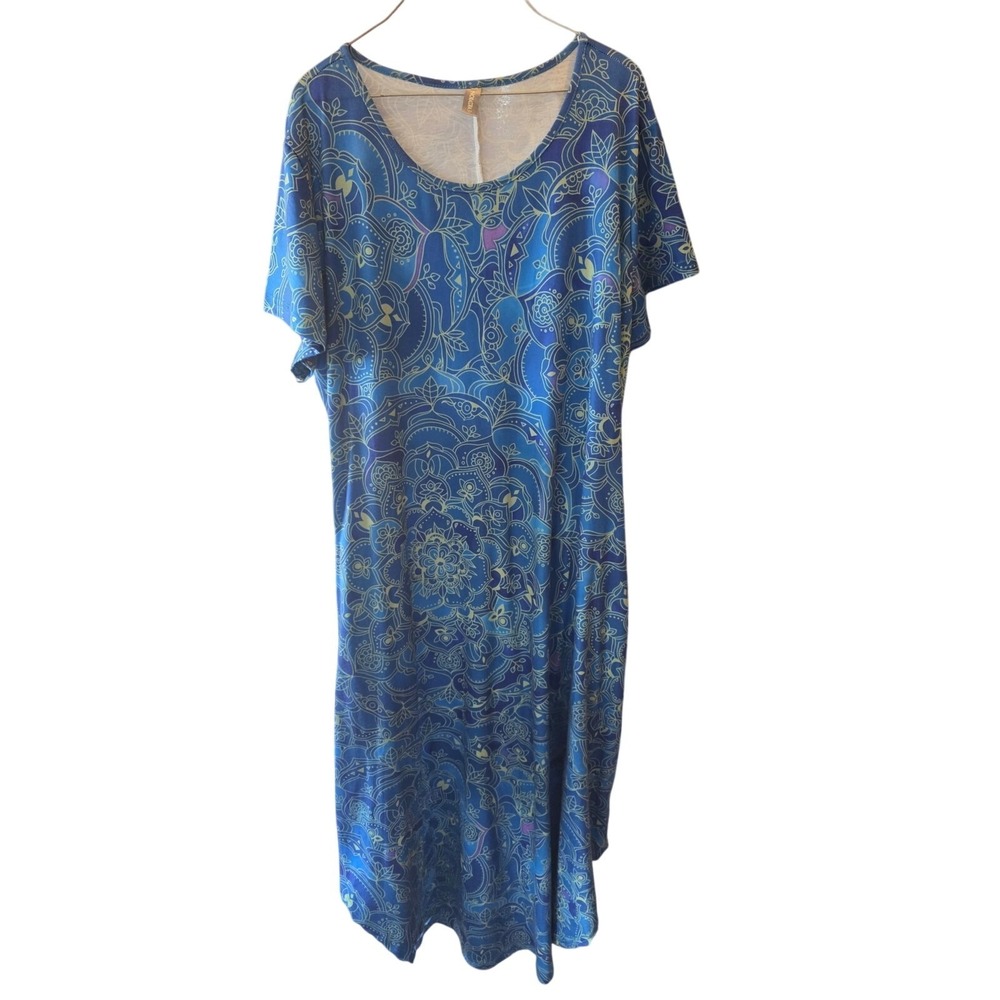 Noracora Art Deco Abstract Maxi Dress XL Womens Blue Green Short Sleeve Stretchy